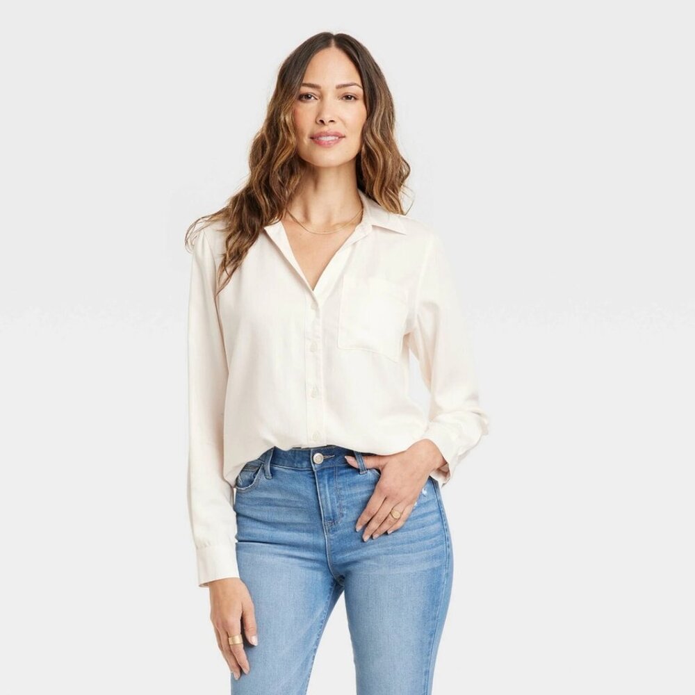Knox Rose Women’s Shirt Button Front L/S Pocket Comfort - Ivory White NWT